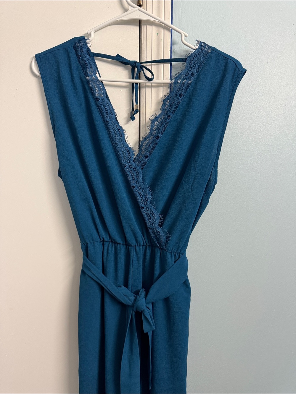 Sleeveless Lace-Trim Teal Wrap Jumpsuit